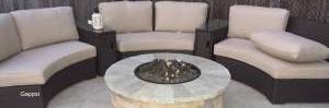 Custom Outdoor Fire Pit, Limestone Patio & Charming Seating Area by Gappsi