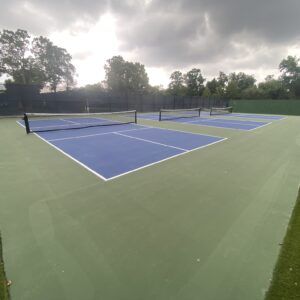 3 Pickleball Courts With Blue & Green Painted Asphalt & Striped With White Lines
