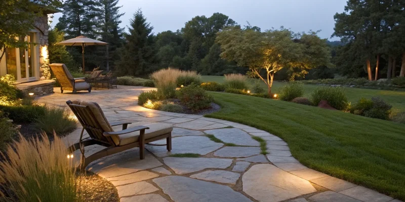 A finished stone patio built on a lawn, the result of a step-by-step DIY guide.