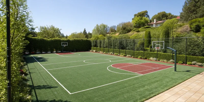 A custom multisport game court with a basketball hoop, synthetic turf putting green, and pro-grade surface.