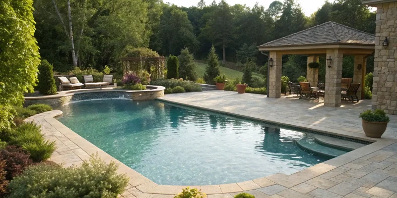 Inground vinyl pool kit installed in a backyard with a stone patio and lounge chairs.