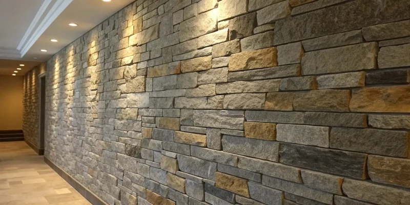 Stone accent wall installation using stacked stone veneer in a modern home.