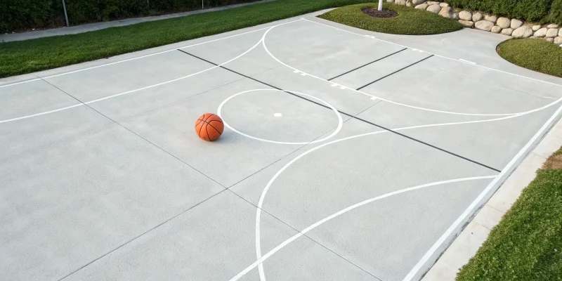 A basketball on a concrete court, a key element in determining the cost per square foot.
