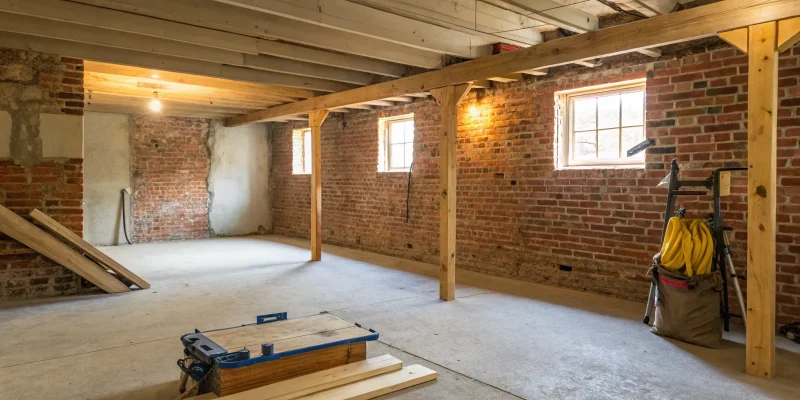 Unfinished basement with exposed brick, a perfect project for affordable basement contractors.