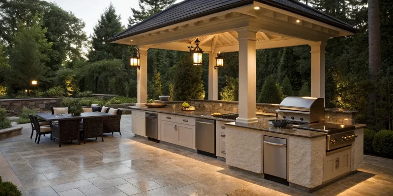 Luxury outdoor kitchen under a custom pavilion with granite countertops and stainless steel appliances.