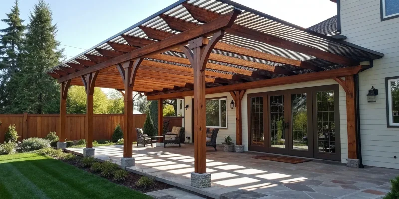 Custom wood pergola with a roof attached to a house over a furnished patio.