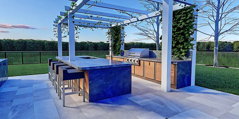 Modern Challenger outdoor kitchen with all-aluminum cabinets, an integrated grill, and bar seating.
