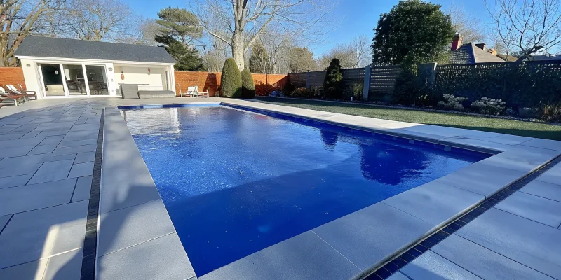 Modern backyard pool with two-inch thick porcelain coping from Long Island NY suppliers.