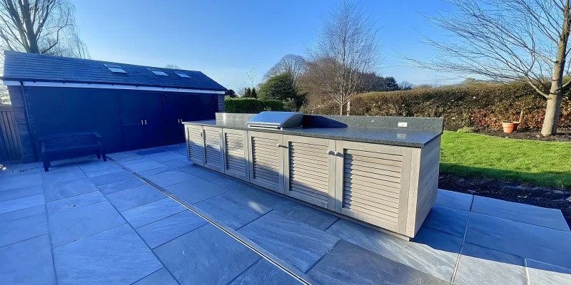 Best outdoor kitchen cabinets by Serene in sleek, weatherproof aluminum.