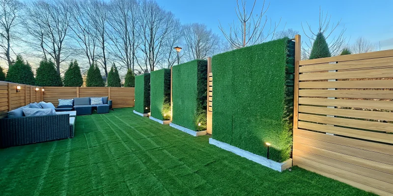 A modern outdoor privacy wall with wood and greenery panels creating a secluded backyard patio.