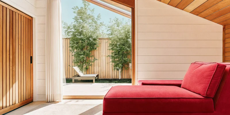 One of the best house extension ideas for a ranch home, featuring a modern sunroom with large windows.