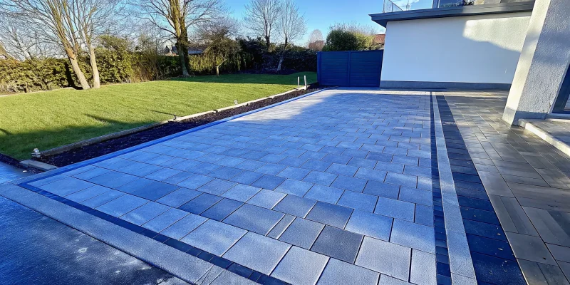 A small paver driveway idea with a modern geometric pattern for big curb appeal.