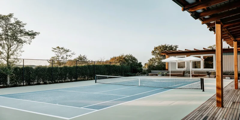 A professionally built Hamptons tennis court with a pergola and seating area.