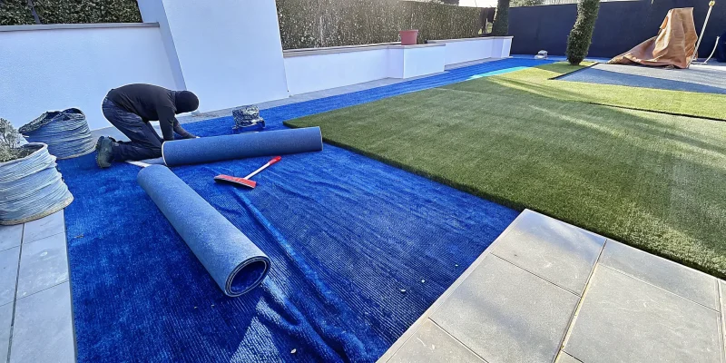 A person laying artificial turf by unrolling it over the prepared base.