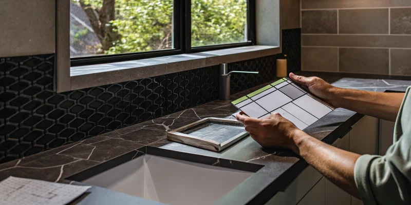 A person choosing new tile samples for a bathroom renovation with a contractor.
