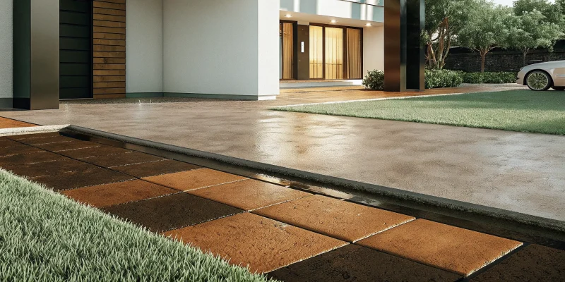Permeable pavers on a modern driveway for managing rainwater and enhancing curb appeal.