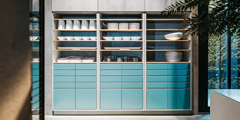 Serene powder coated aluminum cabinets with blue drawers in an outdoor kitchen.