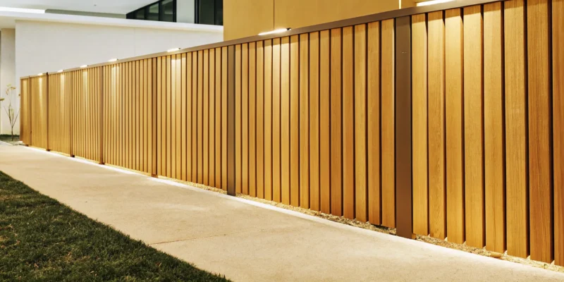 Durable powder coated aluminum fence with modern vertical panels and integrated lighting.