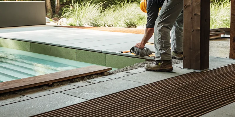 Installer laying the largest porcelain pavers for a pool deck on Long Island, NY.
