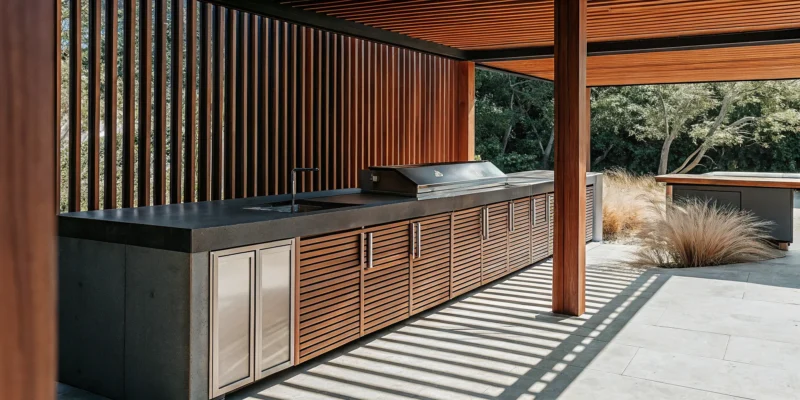 Modern weatherproof outdoor kitchen cabinets with stainless steel and wood-look finishes.