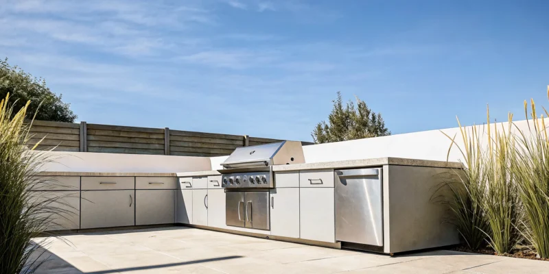 A durable Challenger Outdoor kitchen with a built-in grill, storage cabinets, and a countertop.