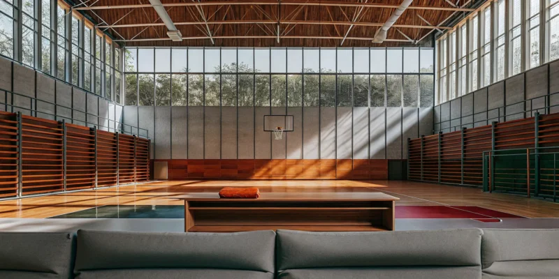 A custom indoor sports game court with a basketball hoop and polished hardwood floor.