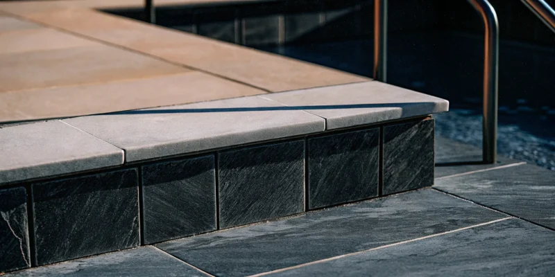 Thick two-inch porcelain coping by a pool from a Long Island, NY supplier.