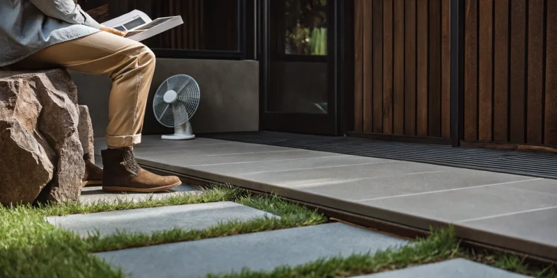 Porcelain patio tiles from a Smithtown, NY supplier installed on a modern home patio.