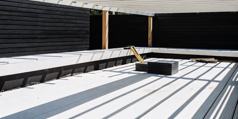 Custom pergola builders constructing a modern pergola with built-in seating.