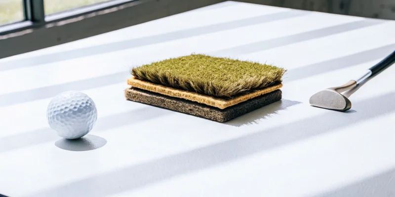 Putter and golf ball beside a sample showing the construction of putting green turf.