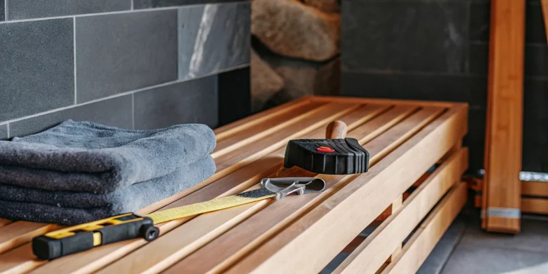 Long Island sauna installation in progress with tools resting on a wooden bench.