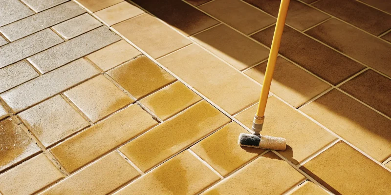 Applying paver sealer to a paver patio with a roller.