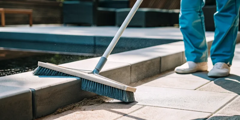 Sweeping polymeric sand into paver joints for a stable, weed-free patio surface.