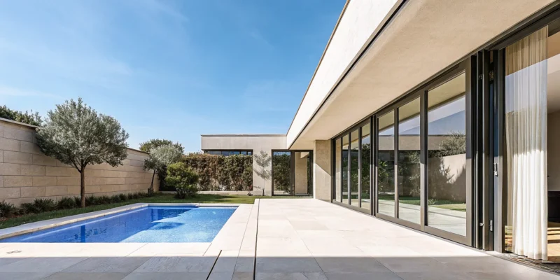 Porcelain patio tiles from a Smithtown, NY supplier on a modern poolside patio.