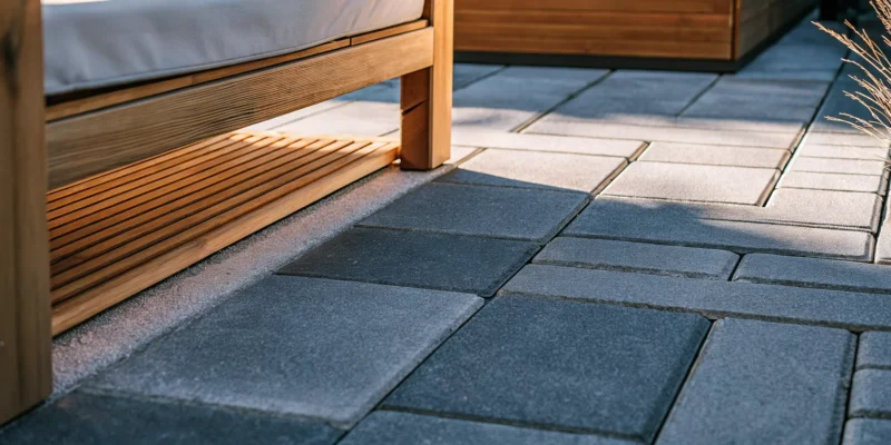 A modern patio with Cambridge Pavingstones, showing the lasting color and durability of ArmorTec.