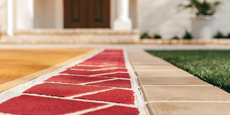 A red paver driveway with a geometric pattern, a key factor in the total installation cost.