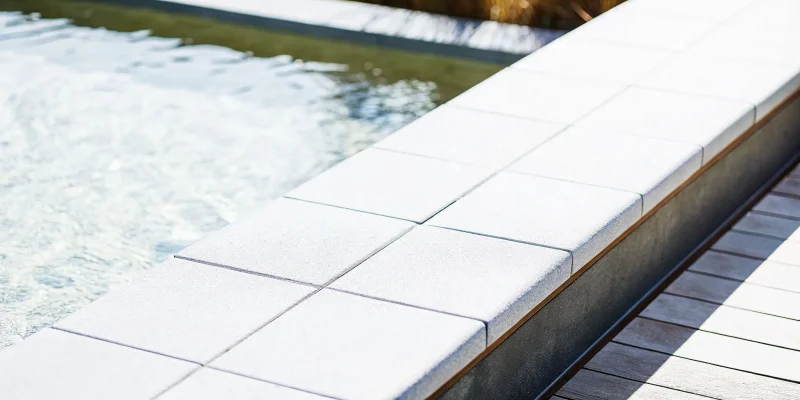 Modern porcelain pool copings with a slip-resistant tile surface beside the water.