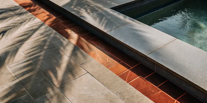 A pool patio showcasing the best paving materials, with natural stone pavers and a clean coping edge.