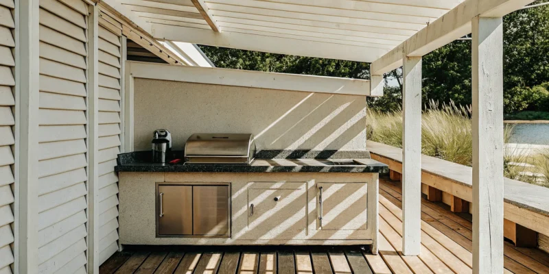 A modern outdoor kitchen on Long Island, equipped with one of the best ice makers for entertaining.