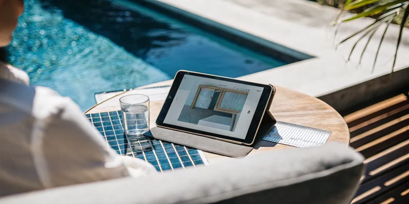 A person by their pool researches Long Island pool builders and designs on a tablet.