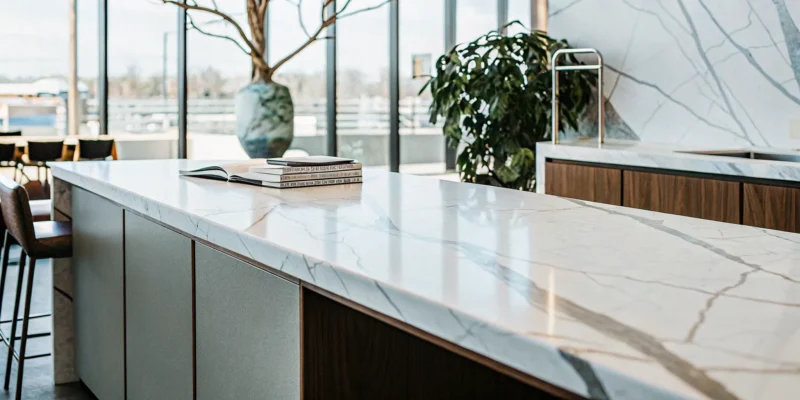 Modern kitchen island with marble-look Dekton countertops in a Long Island, NY showroom.