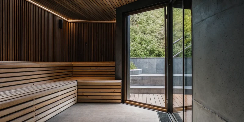 Finnmark FD-6 combination cedar barrel sauna interior with spacious seating and view through a glass door.