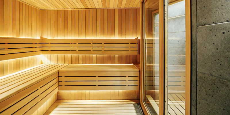 Finnmark FD-7 combination barrel sauna with Thermo-Aspen wood benches and glass door.