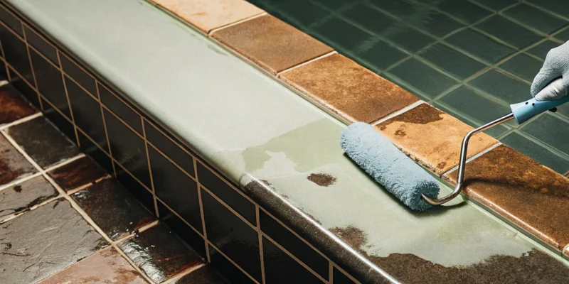 Applying sealer stain to a bluestone patio to remove brown spots.