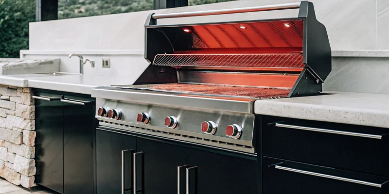 A stainless steel Hestan outdoor grill with glowing LED knobs, integrated into a modern outdoor kitchen island.