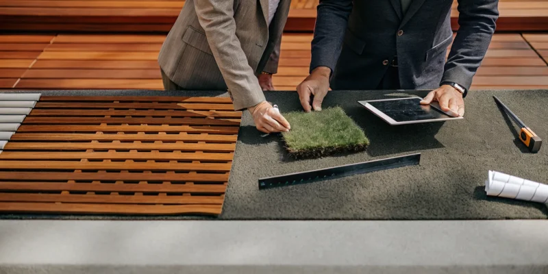 Professionals comparing different synthetic turf samples to buy on Long Island, NY.