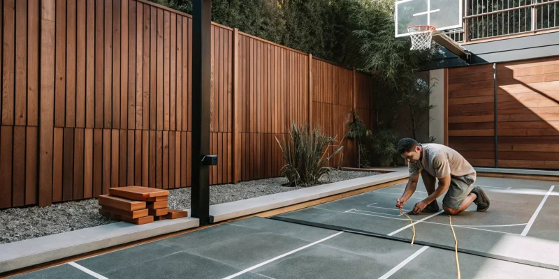 Man measuring a space to get a quote for a backyard basketball court.