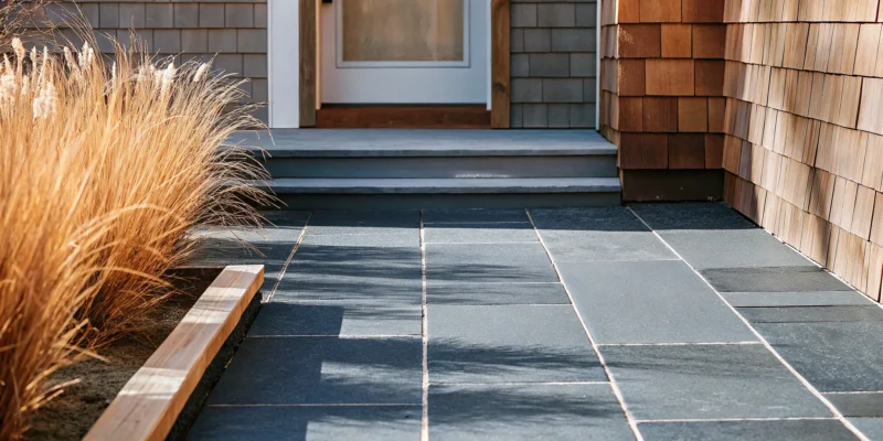 Applying a fresh coat of stain to old concrete pavers on Long Island.