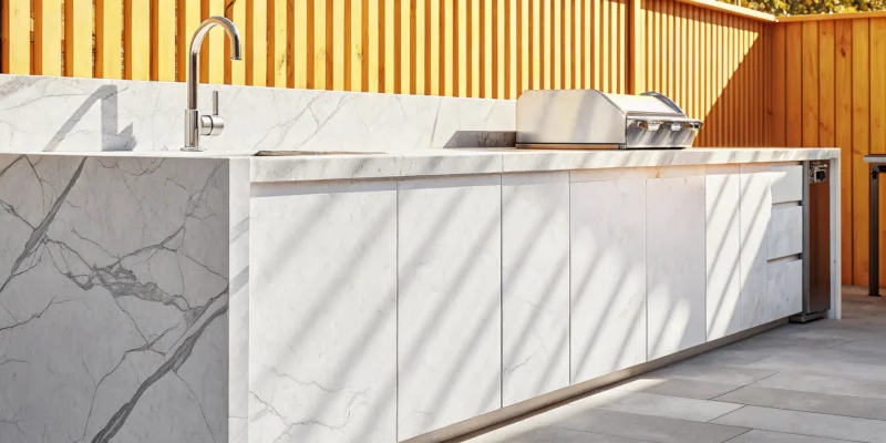 Infinity porcelain slab countertops and backsplash in a modern outdoor kitchen with a grill and sink.