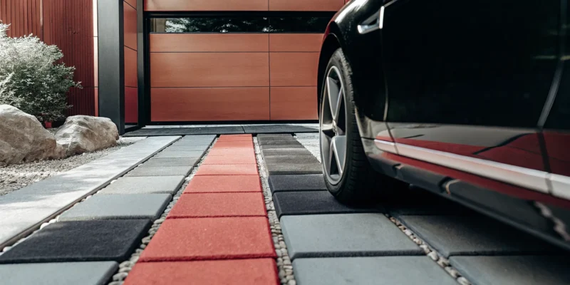 Modern driveway with both natural stone and porcelain pavers beside a parked car.